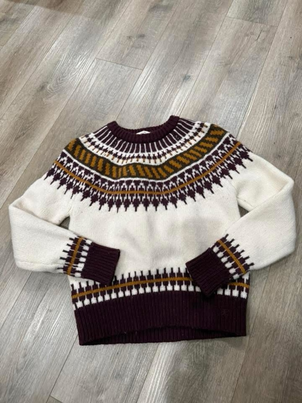 Tory Burch- Merino Fair Isle Sweater with Maroon and Mustard Accents